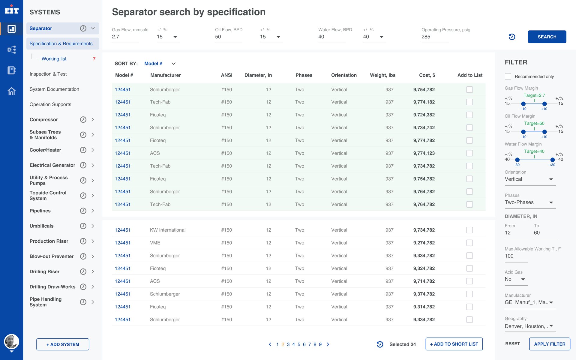 EIT, delivered design — Search: Results across manufacturers, with tolerance margins per parameter and a live filter.