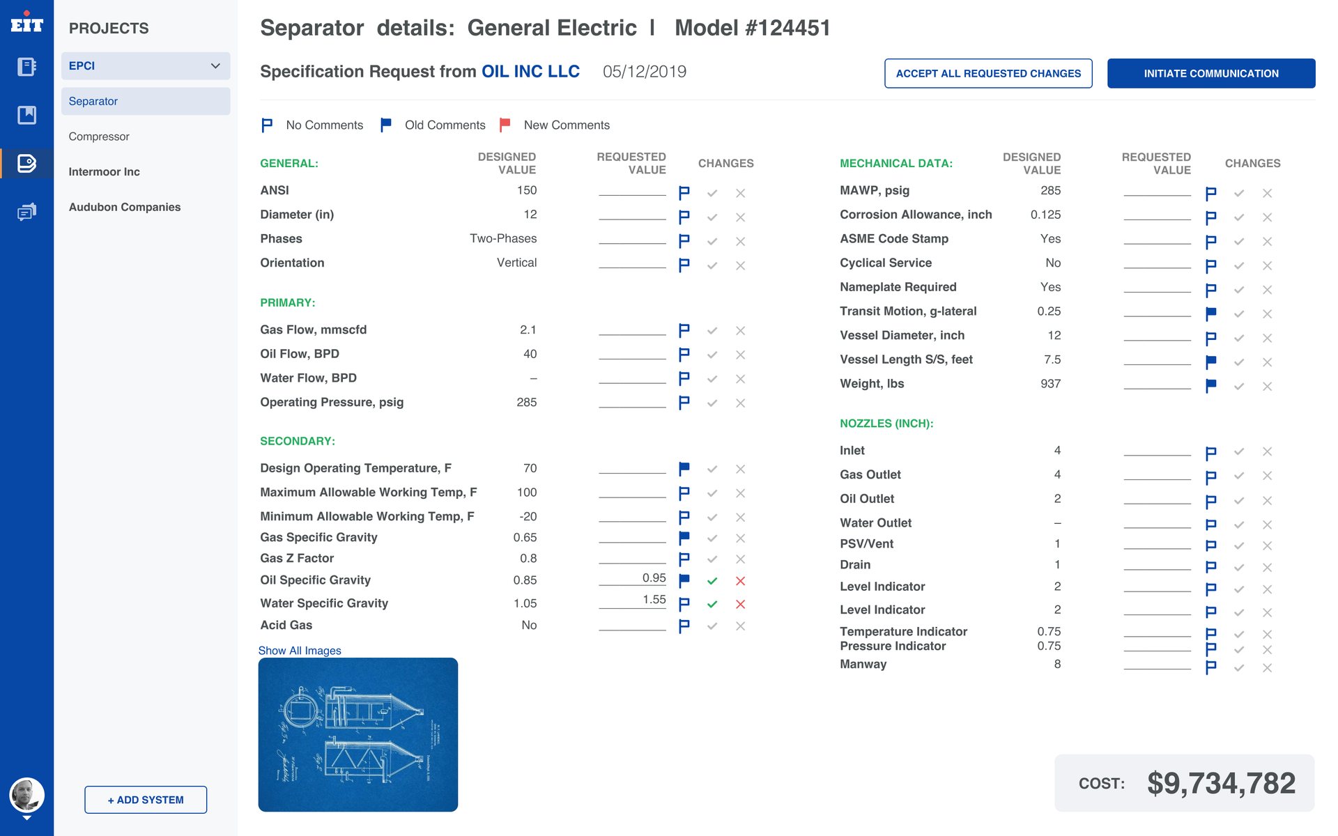 EIT, delivered design — Supplier view: The supplier’s side of the same record: accept or reject each requested change.